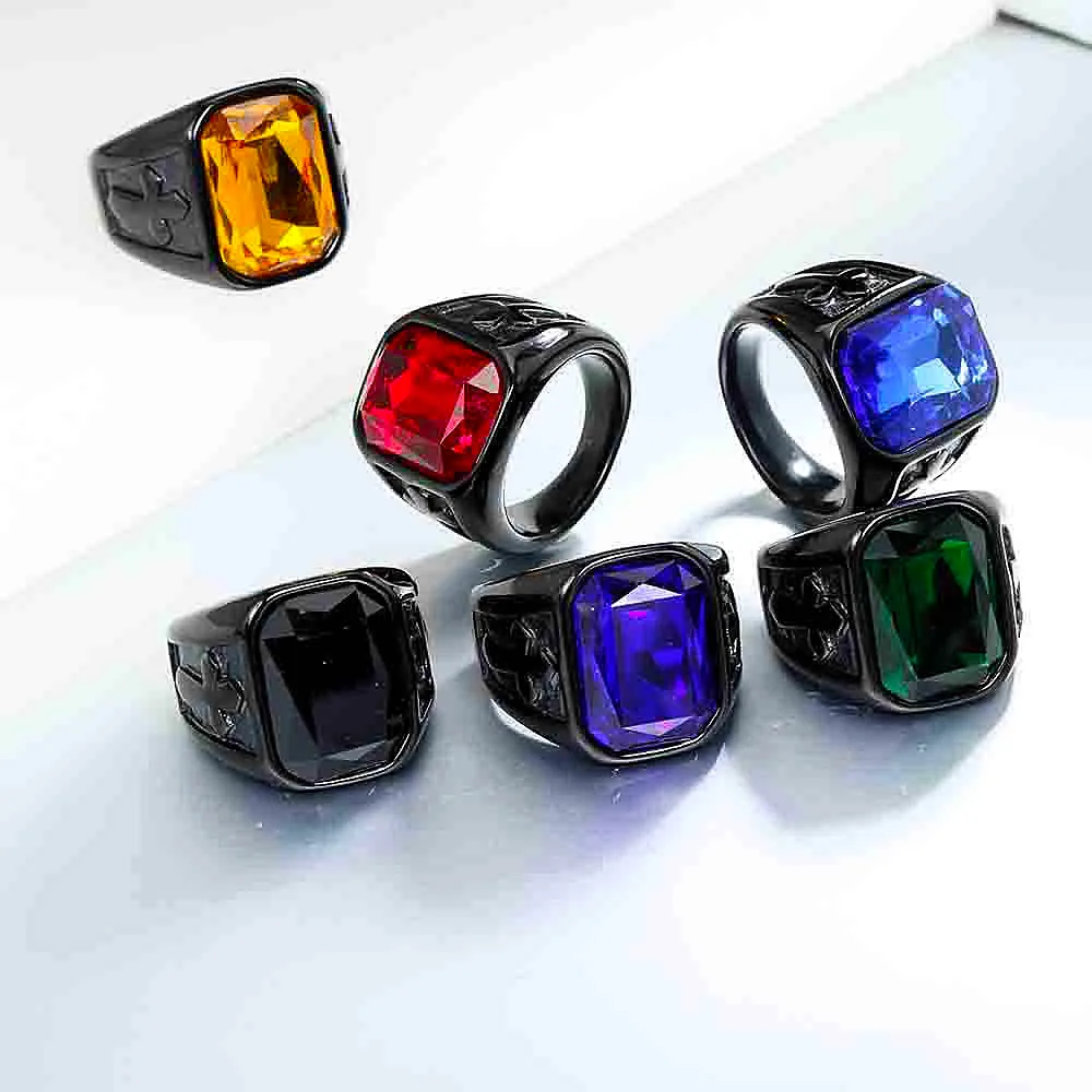 Punk Creative Multi-colored Stone Rings for Men Women Party High Quality Vintage Stainless Steel Cross Ring Jewelry Wholesale