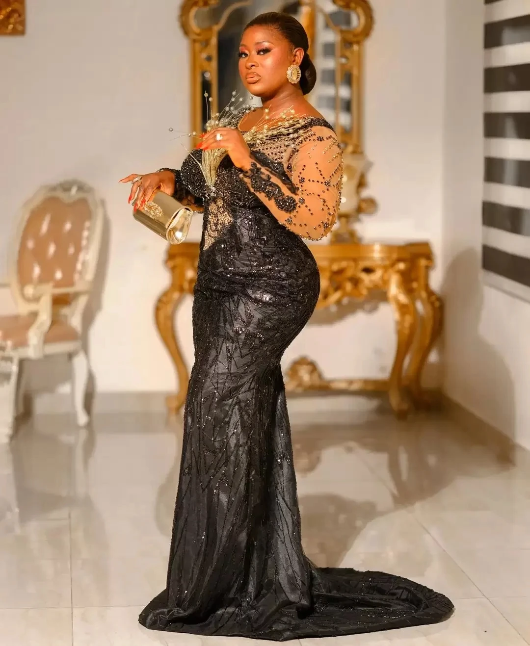 Black Aso Ebi Mermaid Prom Dresses Beaded Long Sleeves Lace African Plus Size Evening Gowns Zipper Back Formal Party Dress