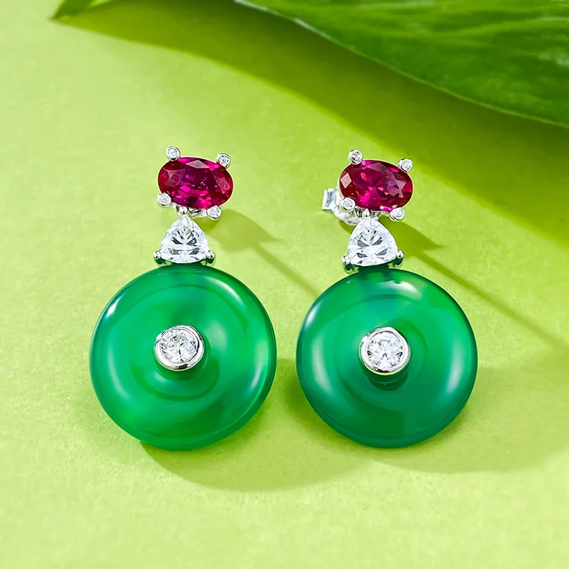 Longlong Gold Jewelry 925 Silver Plated Earrings High Carbon Diamond Natural Jade Chalcedony Fan Bingbing Same Style