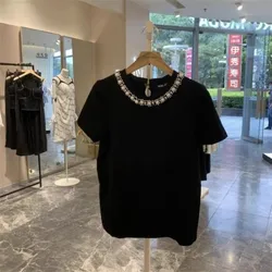 2023 New Hand Sewn Beaded Short Sleeve Pure Cotton T-shirt for Women Summer Office Lady Pearl Top Female Blouse Y4085