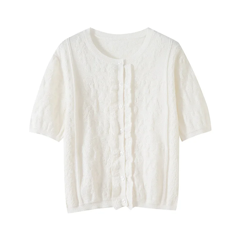 

Spring European American Style French Romantic Lace Knitted Cardigan round Neck Short-Sleeved Women's Fashion Outerwear