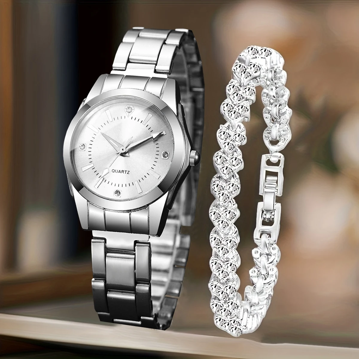 2PCS Fashion Women Quartz Watch Rhinestone Bracelet Set Stainless Steel Band Wristwatches Relogio Feminino（Without Box）