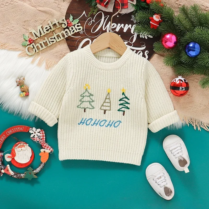 

Christmas Toddler Kids Knitted Sweater ree Embroidery Letter Soft Warm 0-4 Years Old Children Sewater Holiday Themed Clothing