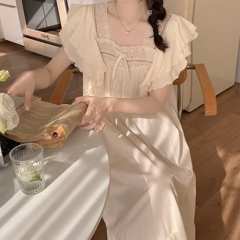 Korean Japan Cotton Sleepwear for Women Sweet Lace Ladies Ruffle Edge Flying Sleeves Home Clothes Pajamas Long Skirts
