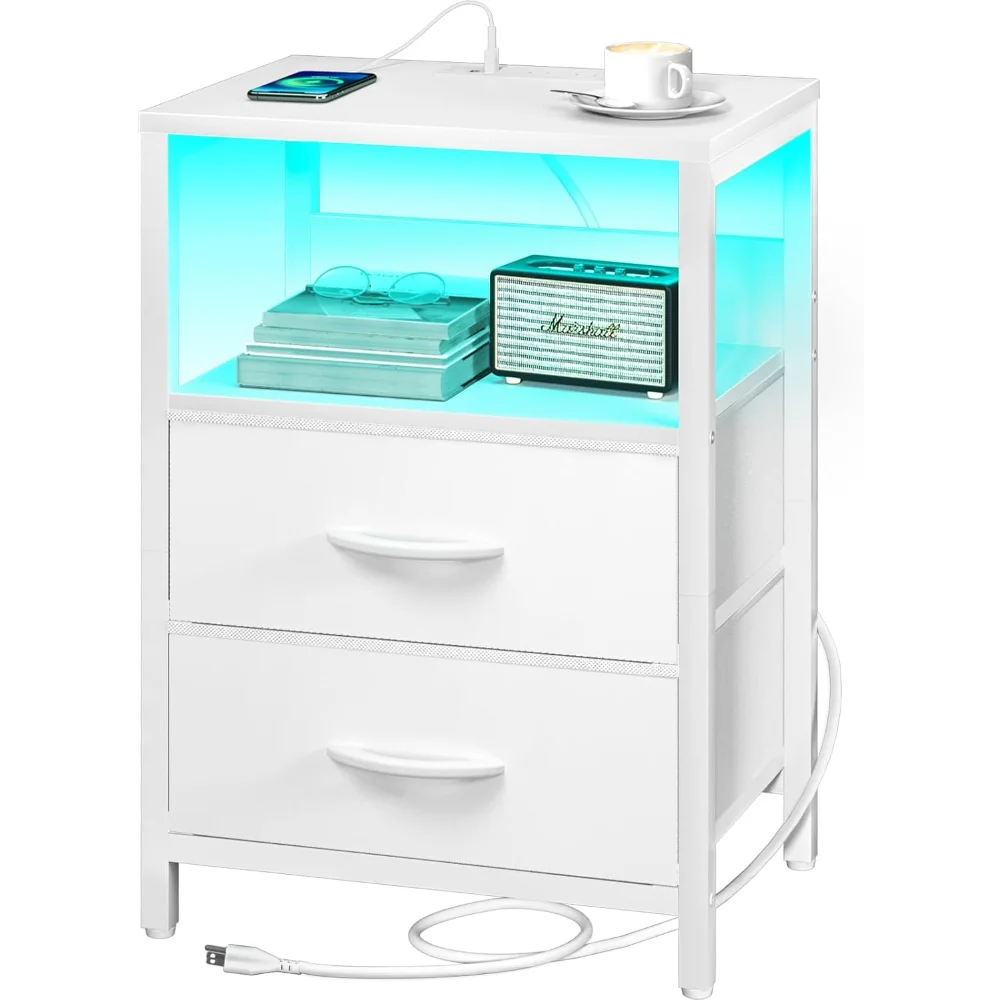 

LED Night Stand with Fabric Drawers and Storage Shelf for Bedroom, Nightstands Bedside Tables with USB Ports