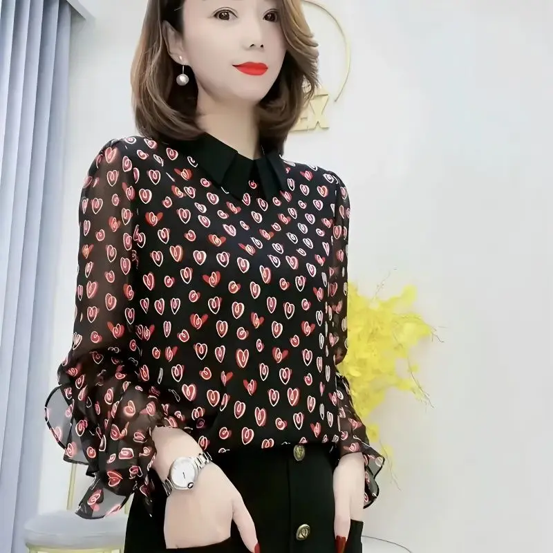 Fashion Lapel Ruffles Printed Princess Sleeve Blouse Women\'s Clothing 2023 Autumn New Oversized Casual Tops Office Lady Shirt