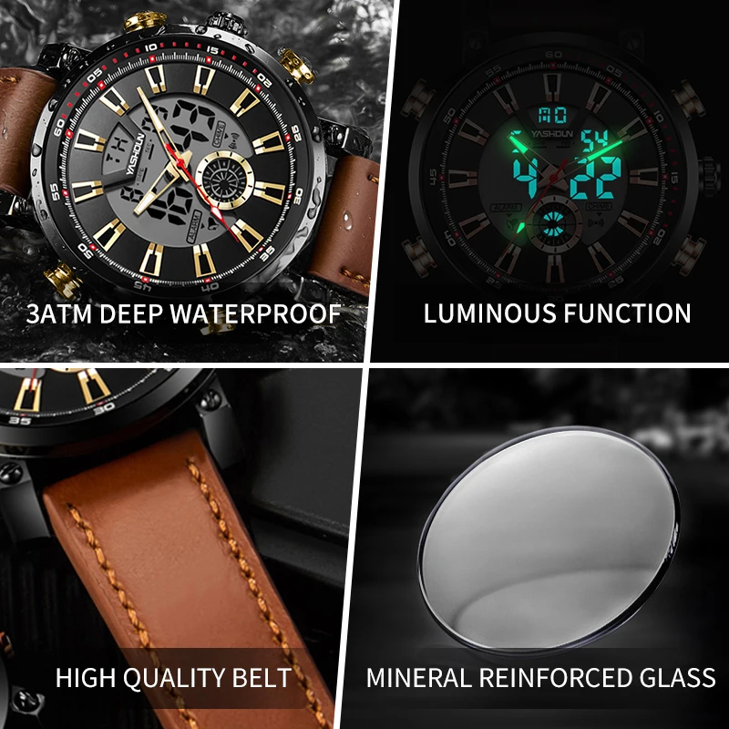 YASHIDUN Brand Men's Quartz Watch For Men LED Watches Men Fashion Casual Sports Clock Genuine Leather Military Wrist Watch