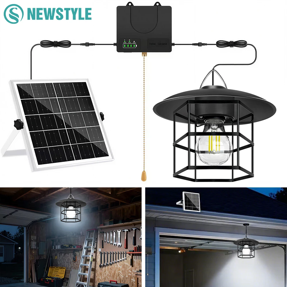 

Indoor Outdoor LED Solar Pendant Light with Battery Level Display IP65 Waterproof Pull Chain Switch Solar Powered Barn Lights