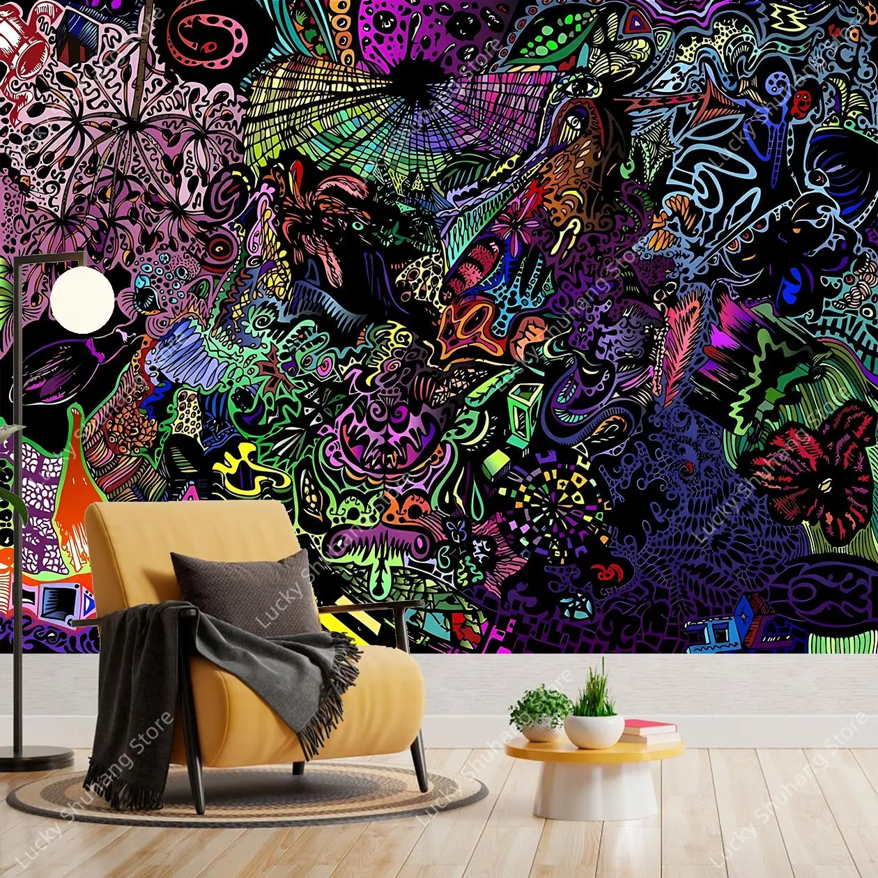 Next Era Visionary Wall Tapestry Surreal Fantasy Creatures Neon Bright Colors Hand Drawn Psychedelic Art Modern Room Decor