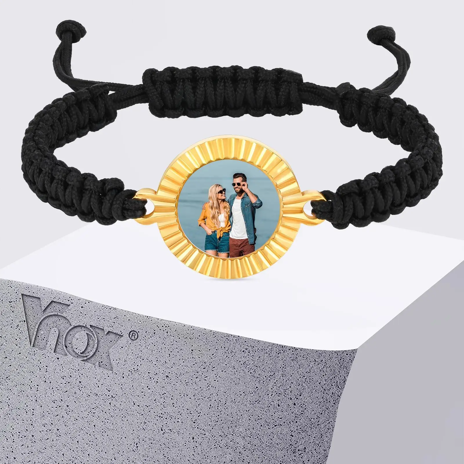 

Vnox Custom Picture Stainless Steel Corroded Round Charm Bracelet for Men, Adjustable Black Woven Wristband Gift for Dad Husband