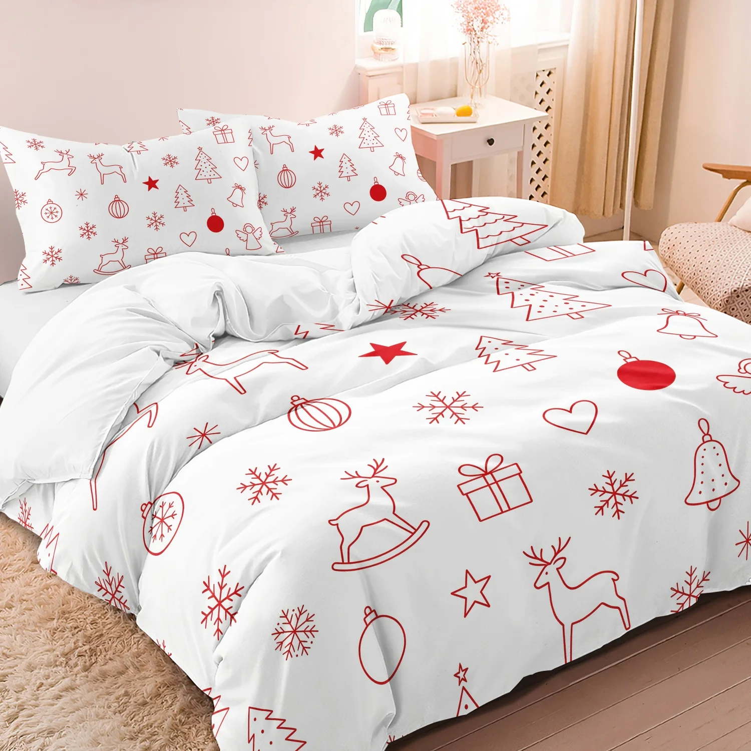3Pcs Christmas Duvet Cover Set, White Red Line Art Reindeer Xmas Tree Snowflake Print Bedding, Soft Microfiber Holiday Bedding