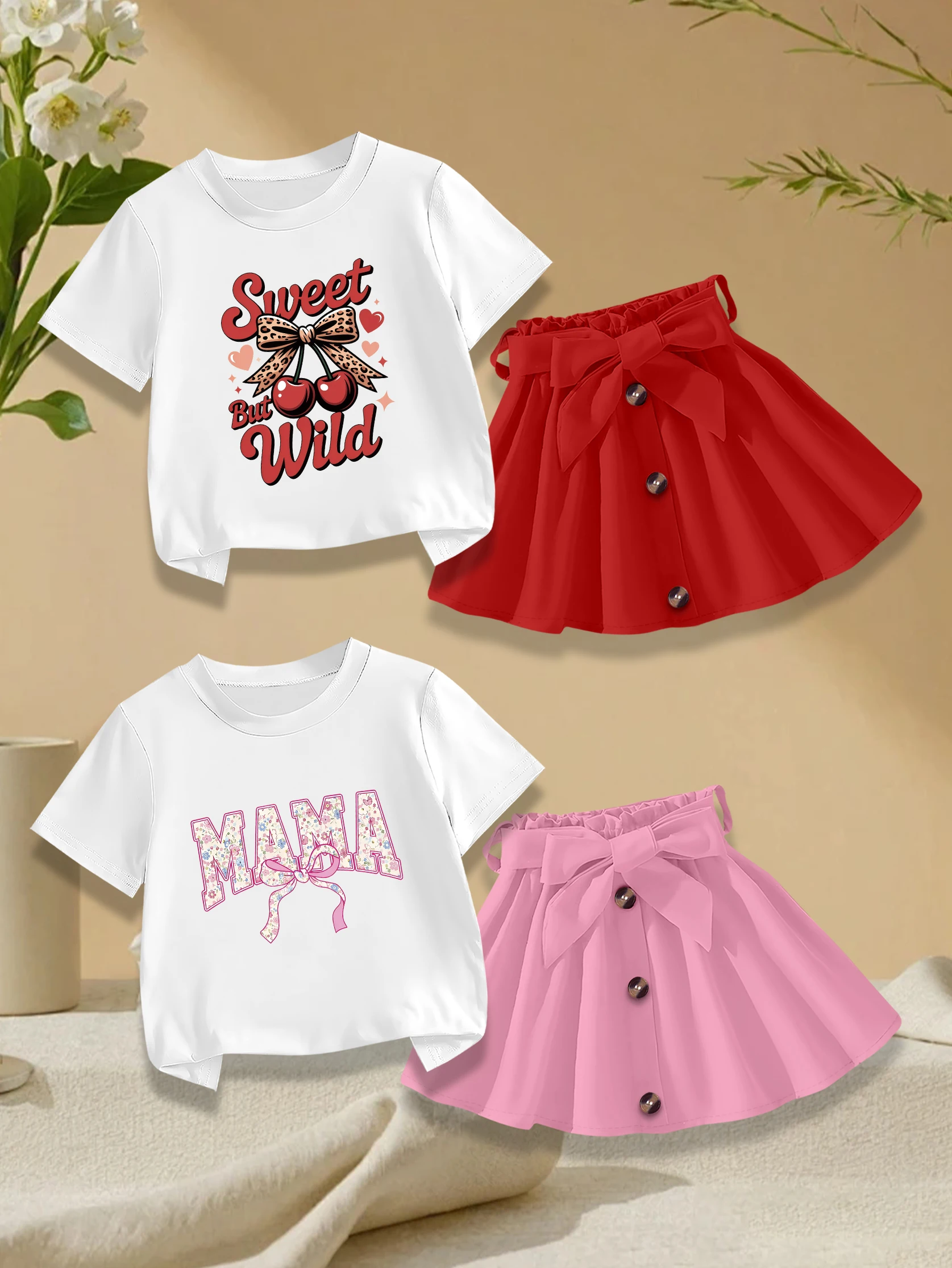 4 pieces: Mother's Day and Valentine's Day Girls' Summer Sweet Cute T-shirt & Skirt Set - Cartoon Mommy & Cherry Print