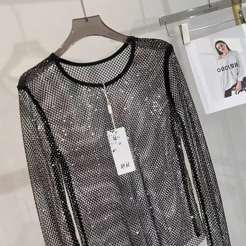 Mode Diamant Hohl Shiny Bottom Shirt Temperament Schlank Strass Rundhals Langarm Top frauen T-Shirt Kleidung 2025 – Detail 6
