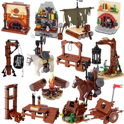 MOC Medieval Castle Building Blocks kit Tent Campfire Siege Car Hanging Cage Trial Bench Guillotine Weapon Toys Gifts Mini Brick