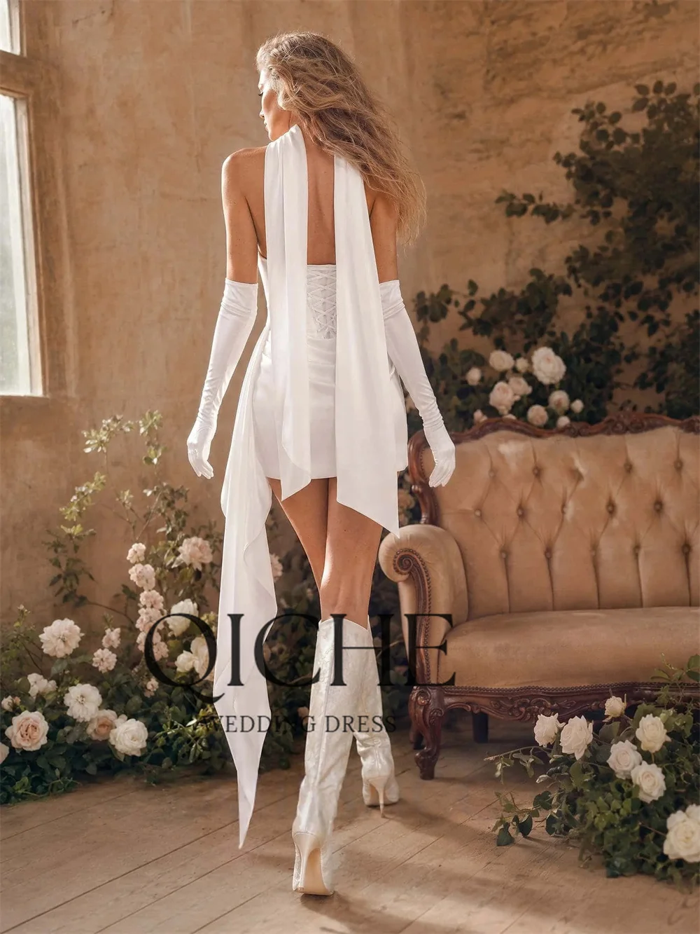 QICHE Elegant Satin Short Wedding Dress Women Boat-Neck Sleeveless Pleat Open Back Bridal Gowns Customized Vestidos De Novia