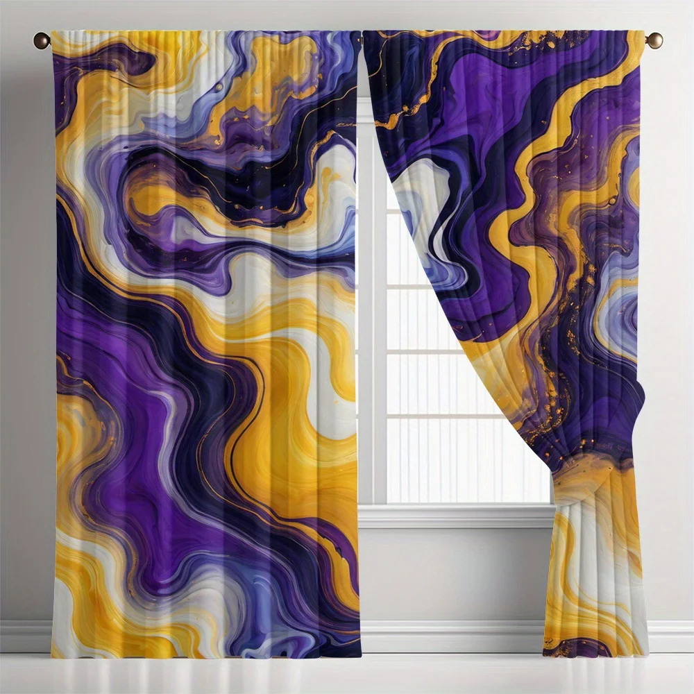 2pcs Fluid Art Curtains Purple Gold White Rod Pocket Polyester Light Filtering Modern Decor Living Room Studio Bedroom