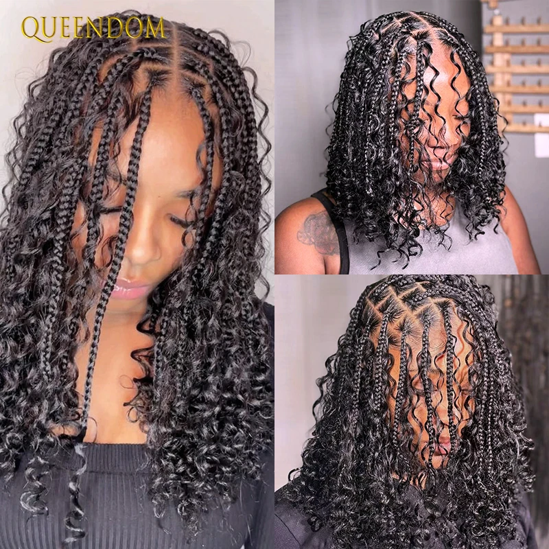 Queendom-peluca sintética Bohemia para mujer negra, cabellera trenzada sin nudos con encaje frontal completo, trenzas rizadas Bohemias de diosa, 12"