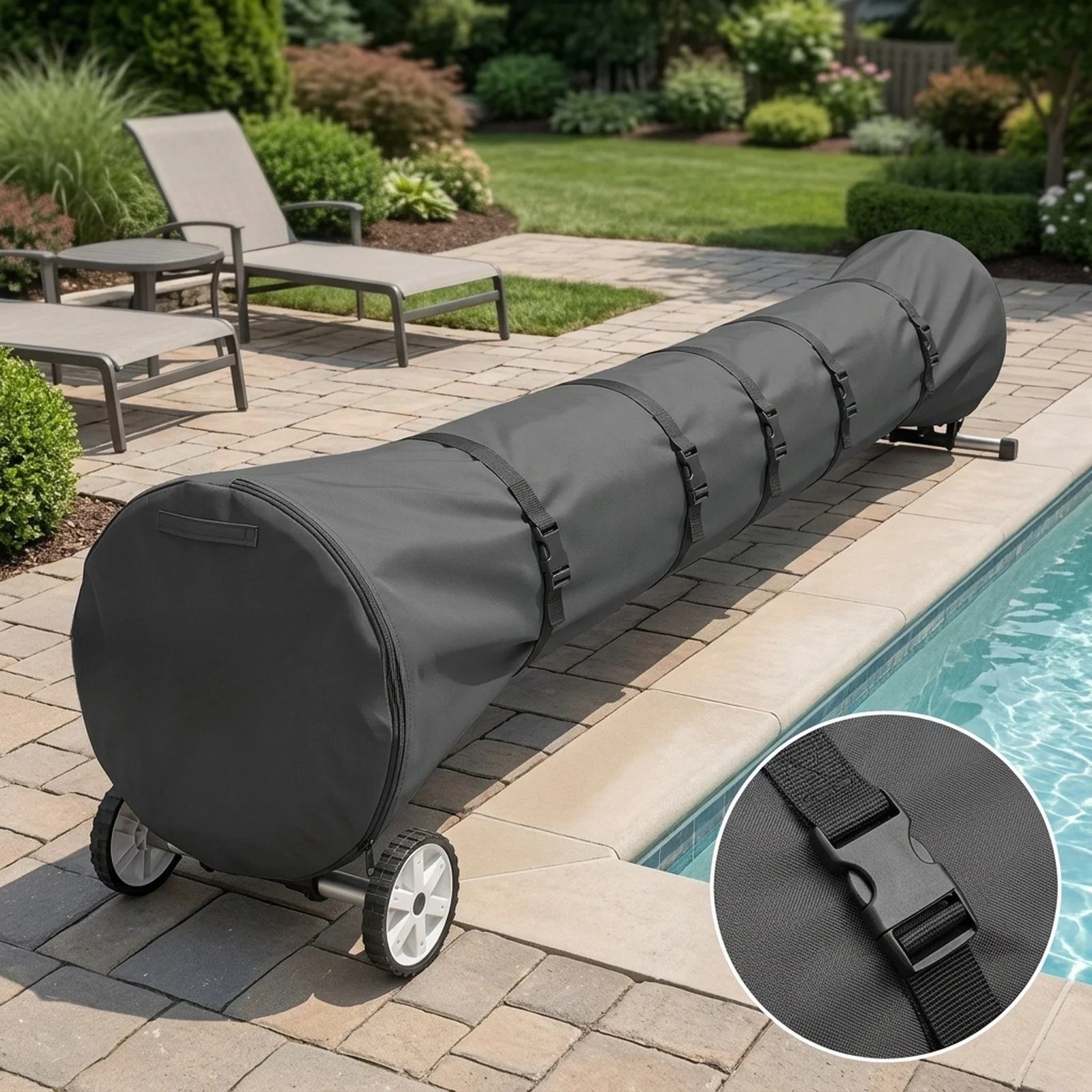 Swimming Pool Solar Reel Cover Waterproof Weather Protection 16/18/20ft For Pools Reel 210D Oxford Cloth Black