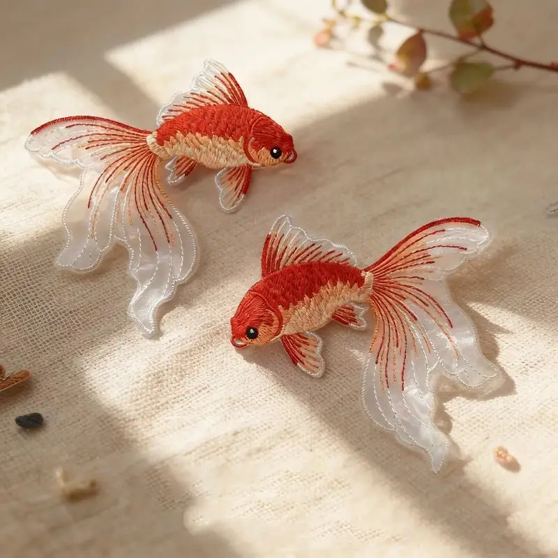 2 Stück mehrfarbige Goldfisch-Stickerei-Aufnäher aus Stoff für T-Shirts, Taschen, Hüte, Accessoires, zum Aufbügeln, zum Reparieren, zum Basteln. – Detail 5