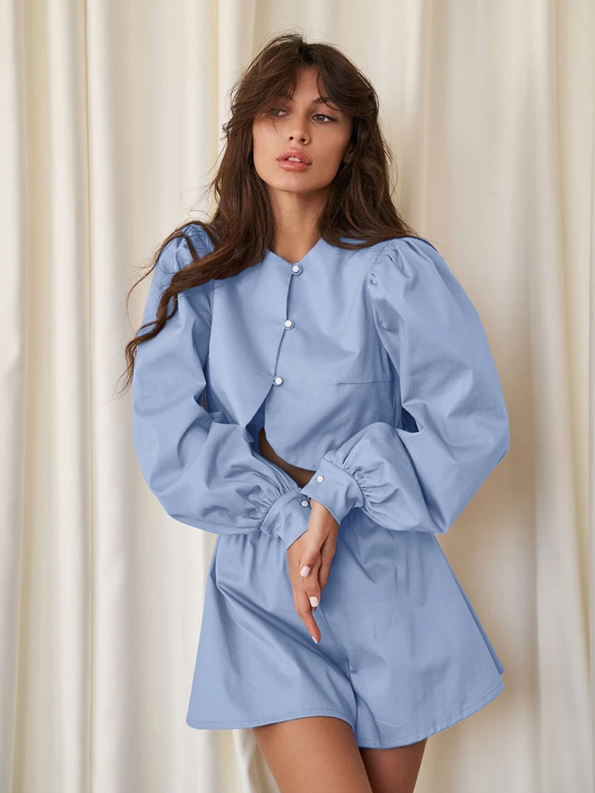 

Marthaqiqi Cotton Female Nightgowns Suit O-Neck Sleepwear Long Sleeve Pajamas Crop Top Nightie Shorts Casual Home Clothes Women