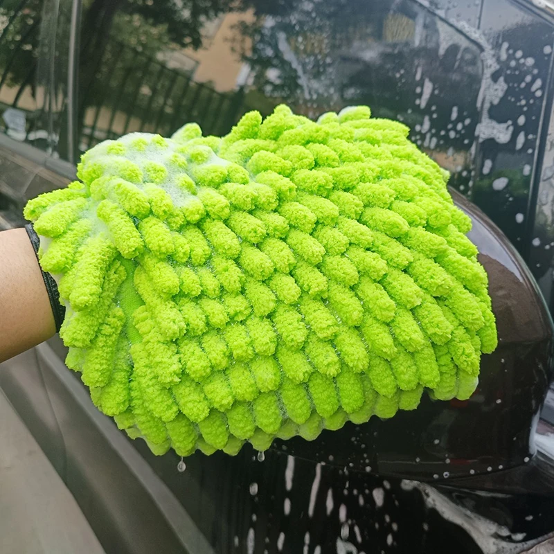 

Double Sided Thickened Green Chenille Car Wash Gloves Microfiber Water Absorbing Wiping Gloves Car Cleaning Tools Detailing Auto