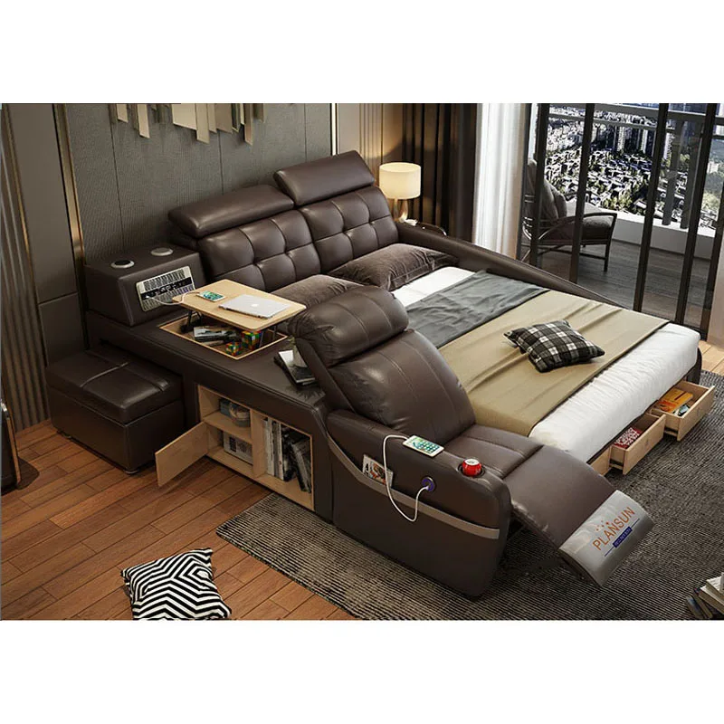 

Modern leather bed design smart multifunction bed