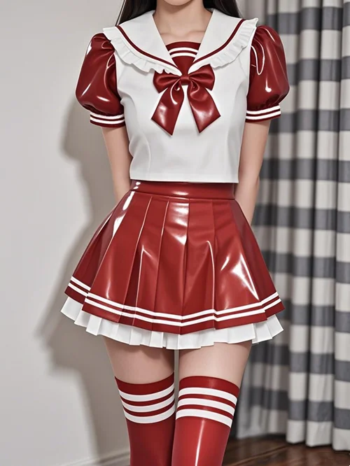 

Latex Rubber tight Halloween Costume Party Club Cosplay 0.4MM Student uniform with a top and a short skirt --no stockings