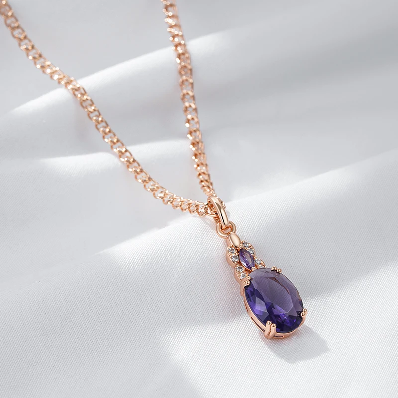 Kinel Sparkling Purple Oval Natural Zircon Pendant Necklace for Women 585 Rose Gold Color Pendant Vintage Party Daily Jewelry