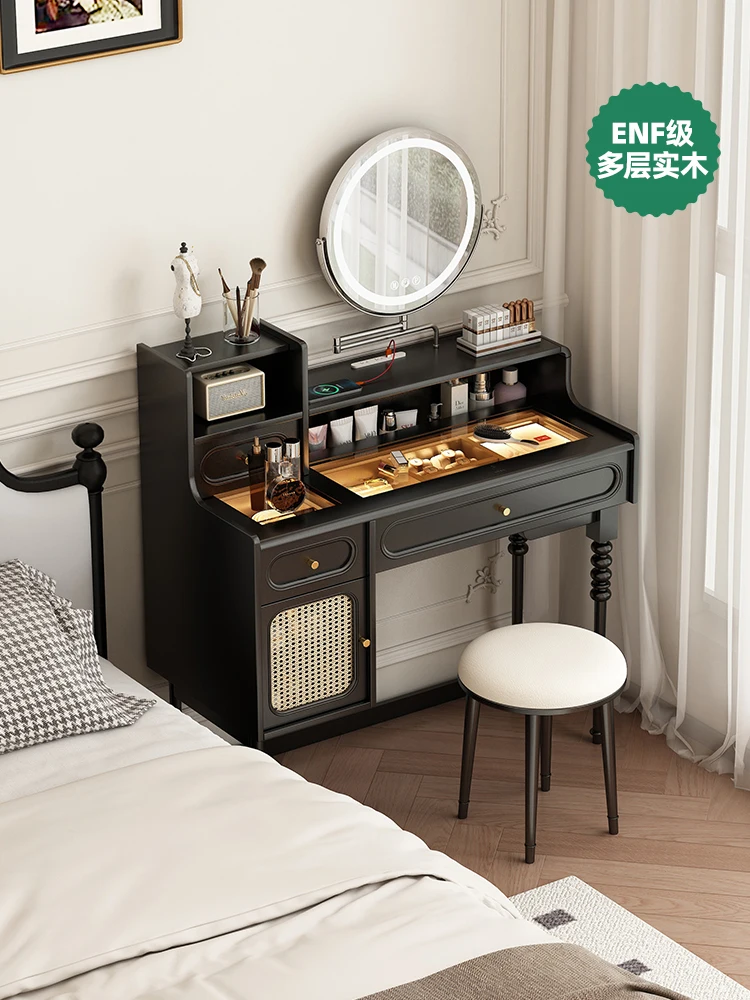 French retro dresser bedroom antique home against the wall solid wood feet American black makeup table glass countertop