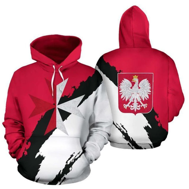 Polish Flag Emblem Harajuku Print Vintage Fashion Cool Men's Women's Sports Outdoor Leisure Daily Loose And Comfortable Hoodie