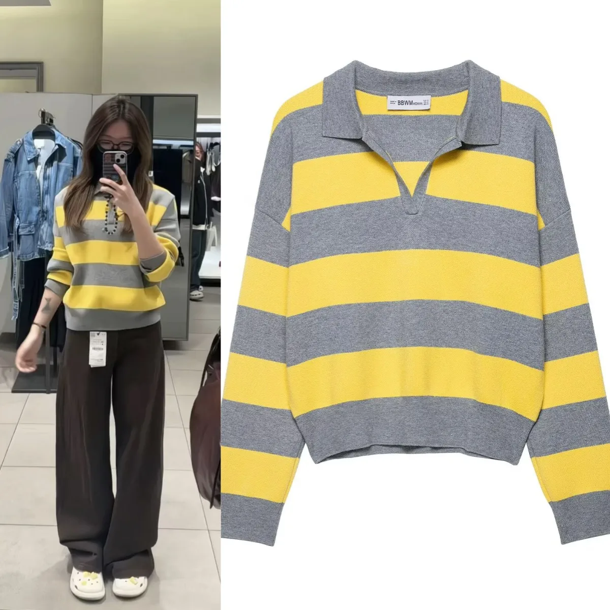 

ETJ 2025 Autumn women's new line street style fashion yellow wide stripe polo neck loose version of long-sleeved sweater