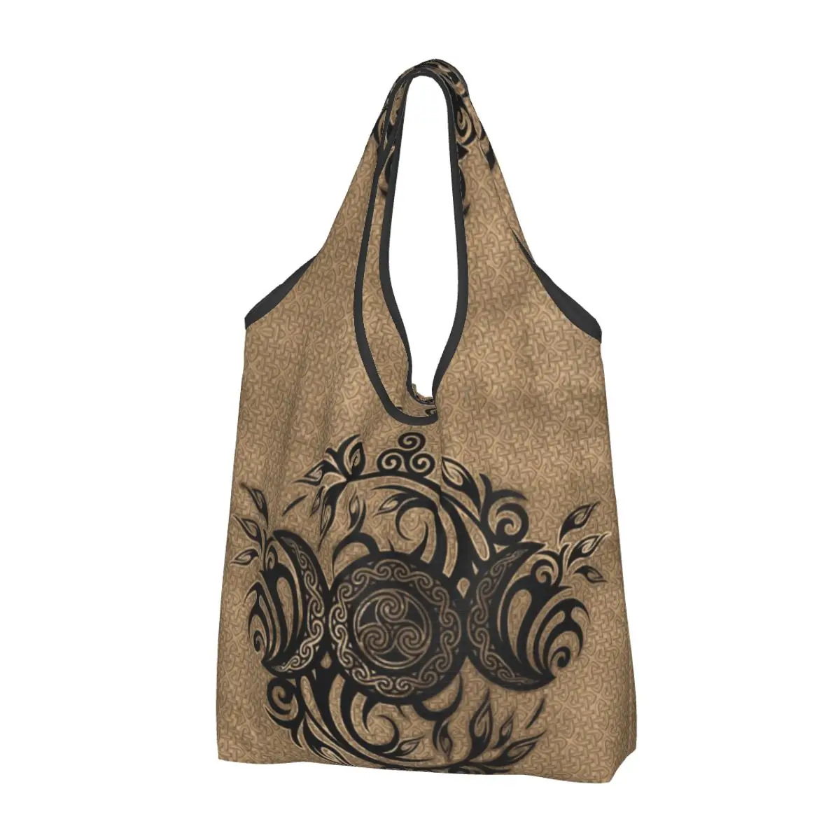 Custom Triple Moon With Triskelion Grocery Shopping Tote Bag Women Kawaii Pentagram Pagan Wiccan Shoulder Shopper Bag Handbag