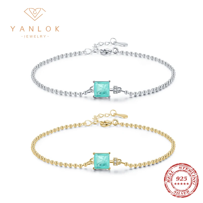 

YANLOK 2 Style Wedding Bracelet Authentic 925 Sterling Silver Emerald Cutt Square Paraiba Tourmaline Bangle for Women Jewelry