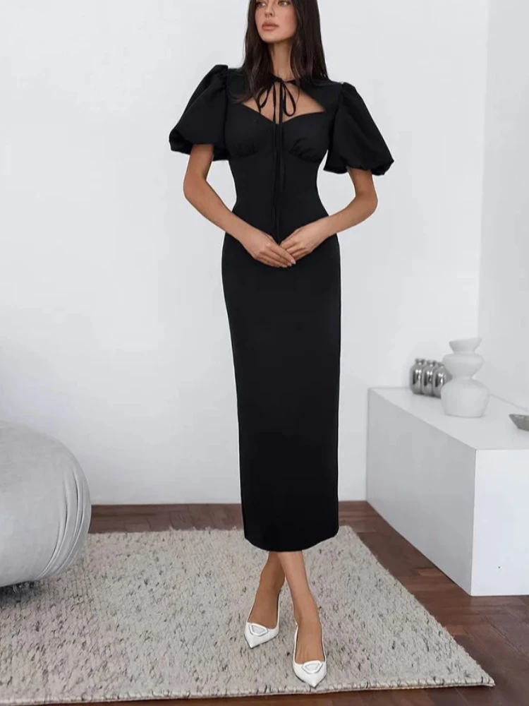 Elegant Lace Up Slim Long Dresses Spring Women Puff Sleeve Zipper Hip Hugging Dress Autumn High Waist Straight Knee Length Dress