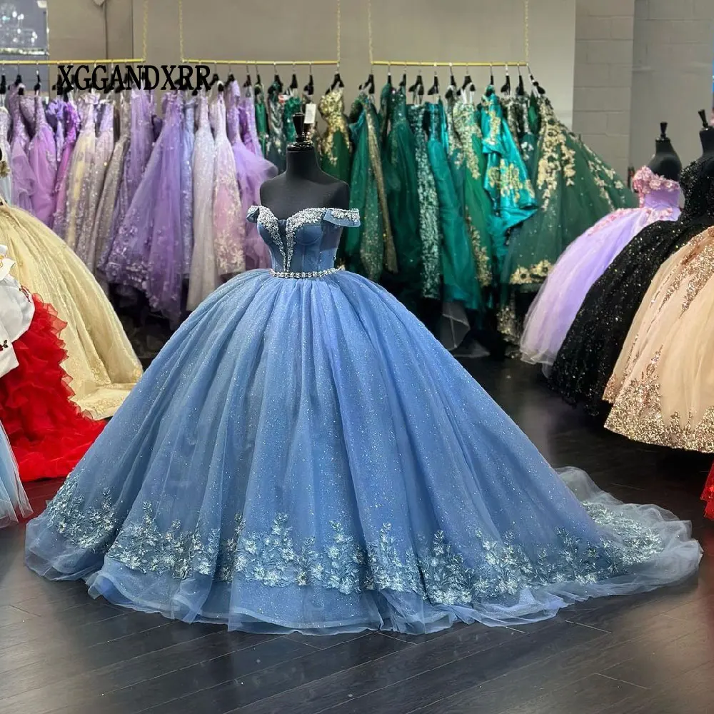 

Blue Quinceanera Dresses For Grils Sweet 15 16 Birthday Party Gown 2024 Off Shoulder Sweetheart Backless Lace Applique Blue Miss