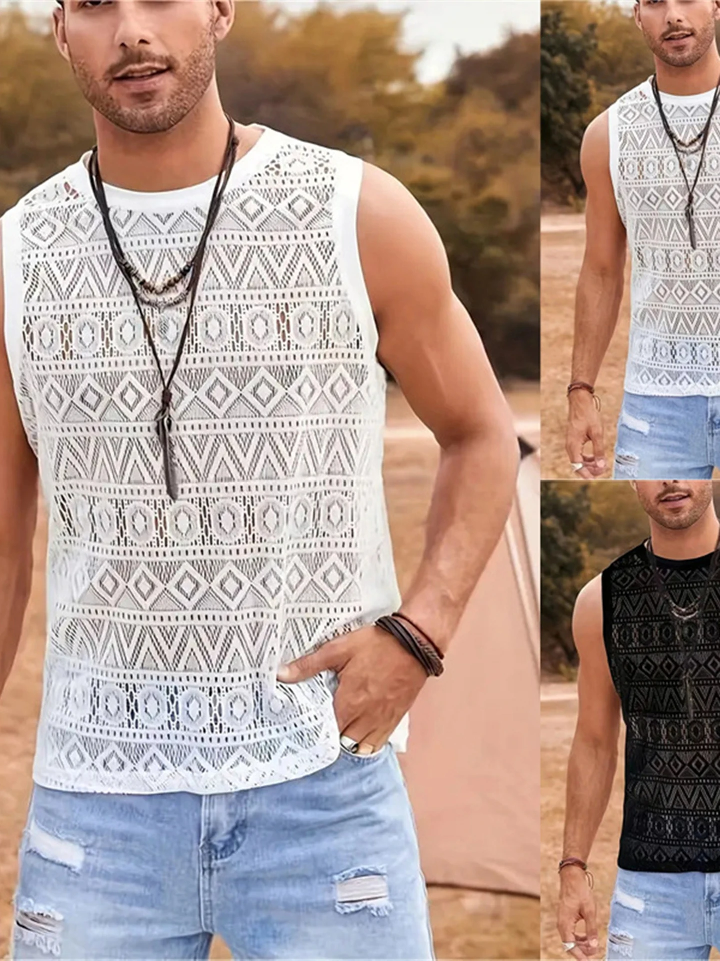 

Мужская летняя сексуальная майка с открытыми плечами, кружевная однотонная футболка, повседневная свободная посадка, круглый спортивный жилет для молодежи