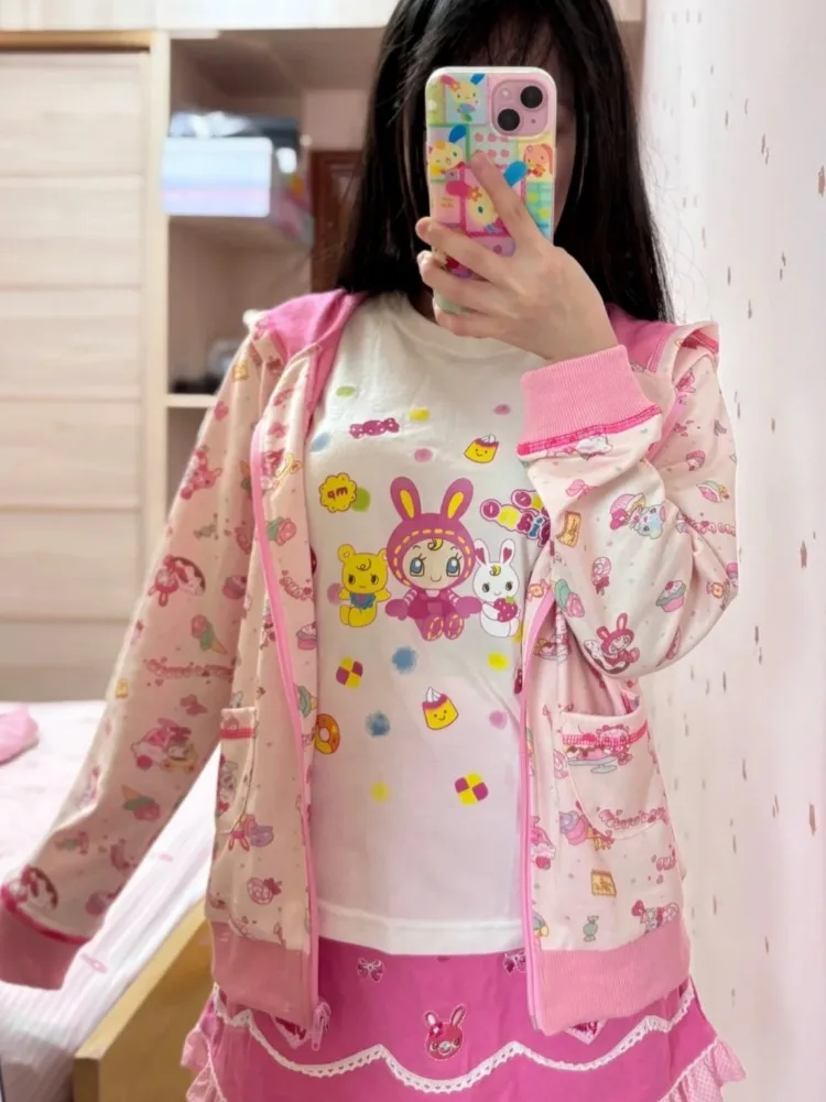 Felpe con cappuccio con stampa di coniglio simpatico cartone animato giapponese Kawaii da donna Felpe con cappuccio Casual Grunge Lolita Giacca con cappuccio rosa preppy causale