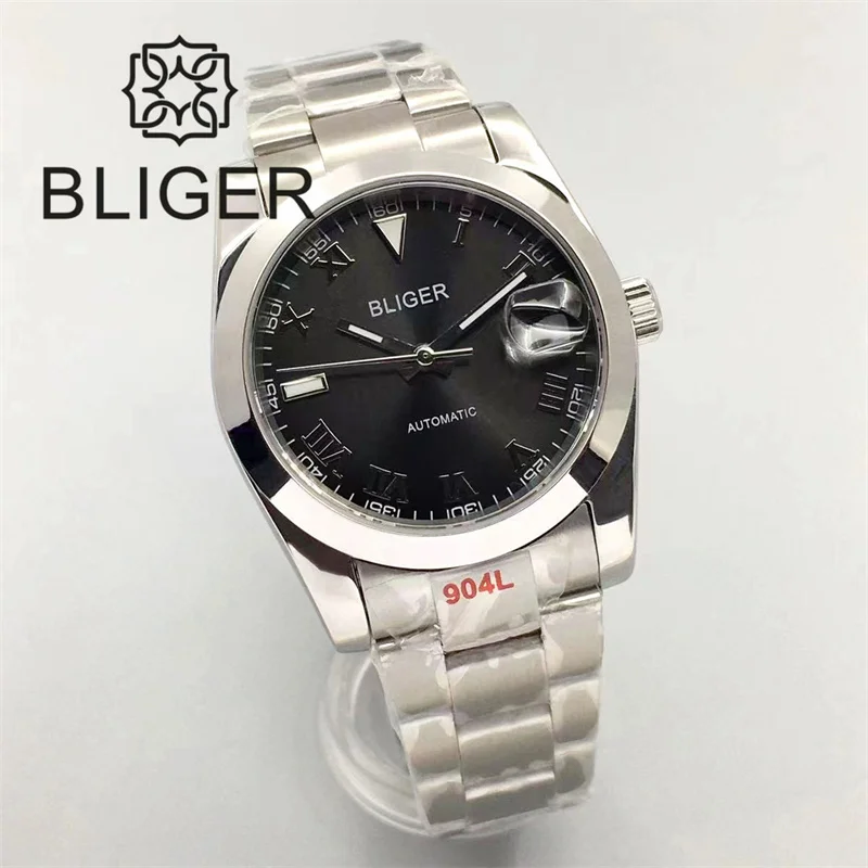 BLIGER 36mm/39mm NH35A Automatic Watch For Men Polished Fluted Bezel Black Silver Roman Numbers Jubilee Bracelet Sapphire Glass