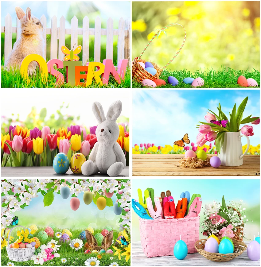 Outdoor Green Grass Sunshine Rabbit Backdrop Happy Easter Theme Spring Bunny Portrait Photo Studio Floral Eggs Tulip Backgrounds