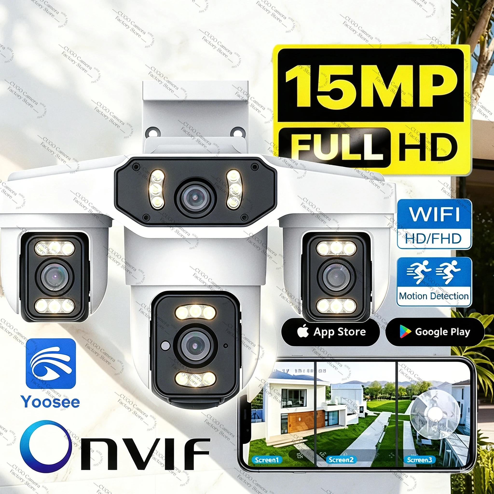 8K 15MP WiFi Camera Three Screen 8K PTZ Four Lens Outdoor Smart Home Wireless Surveillance Cameras Onvif Baby Monitor YOOSEE