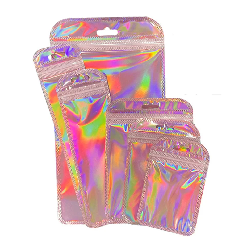 50pcs Iridescent Ziplock Bag Transparent Laser Thicken Plastic Seal Bags for Jewelry Display Handicrafts Nail Eyelash Packaging