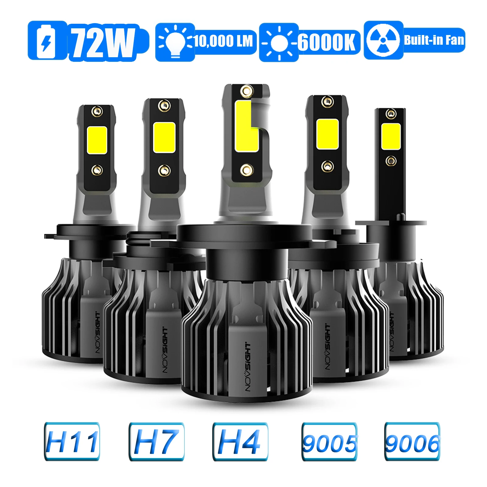 NOVSIGHT H1 H3 H4 H7 H11 H13 9005 9006 9012 LED Car Headlights 72W 10000lm 6000K White Super Bright Led Headlight Bulbs H16JP