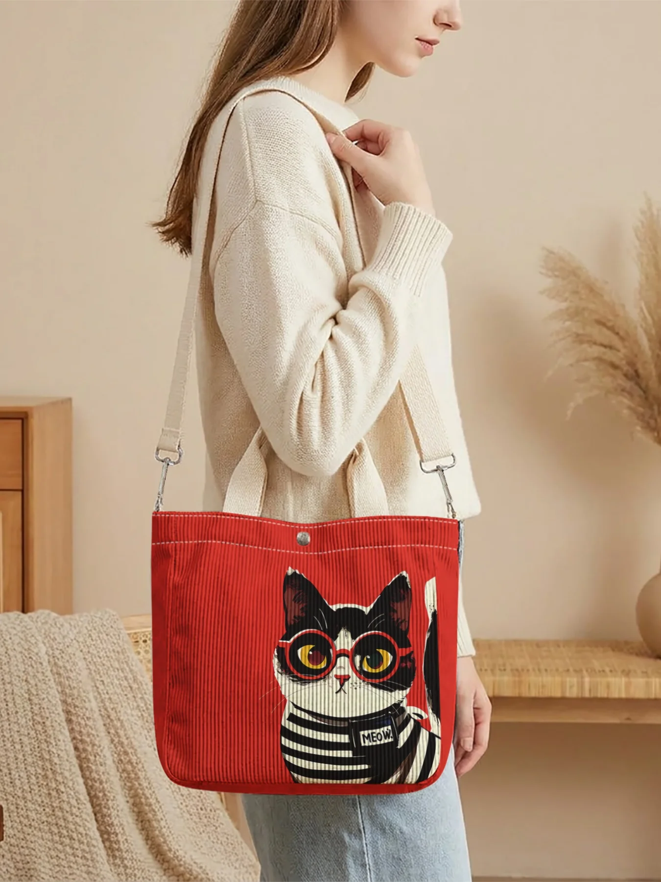 Red Background Glasses Cat Print Crossbody Tote Bag, adjustable strap, large capacity for shopping and daily commuting