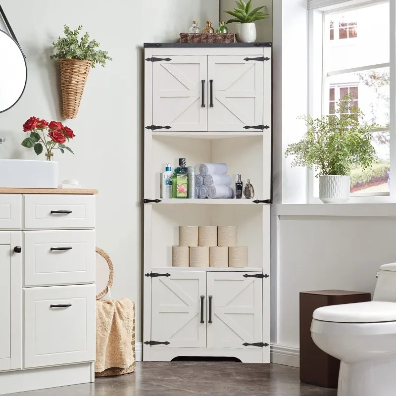 Farmhouse Corner Cabinet, Tall Corner Bathroom Storage Cabinet with Barn Door Design & Adjustable Shelves