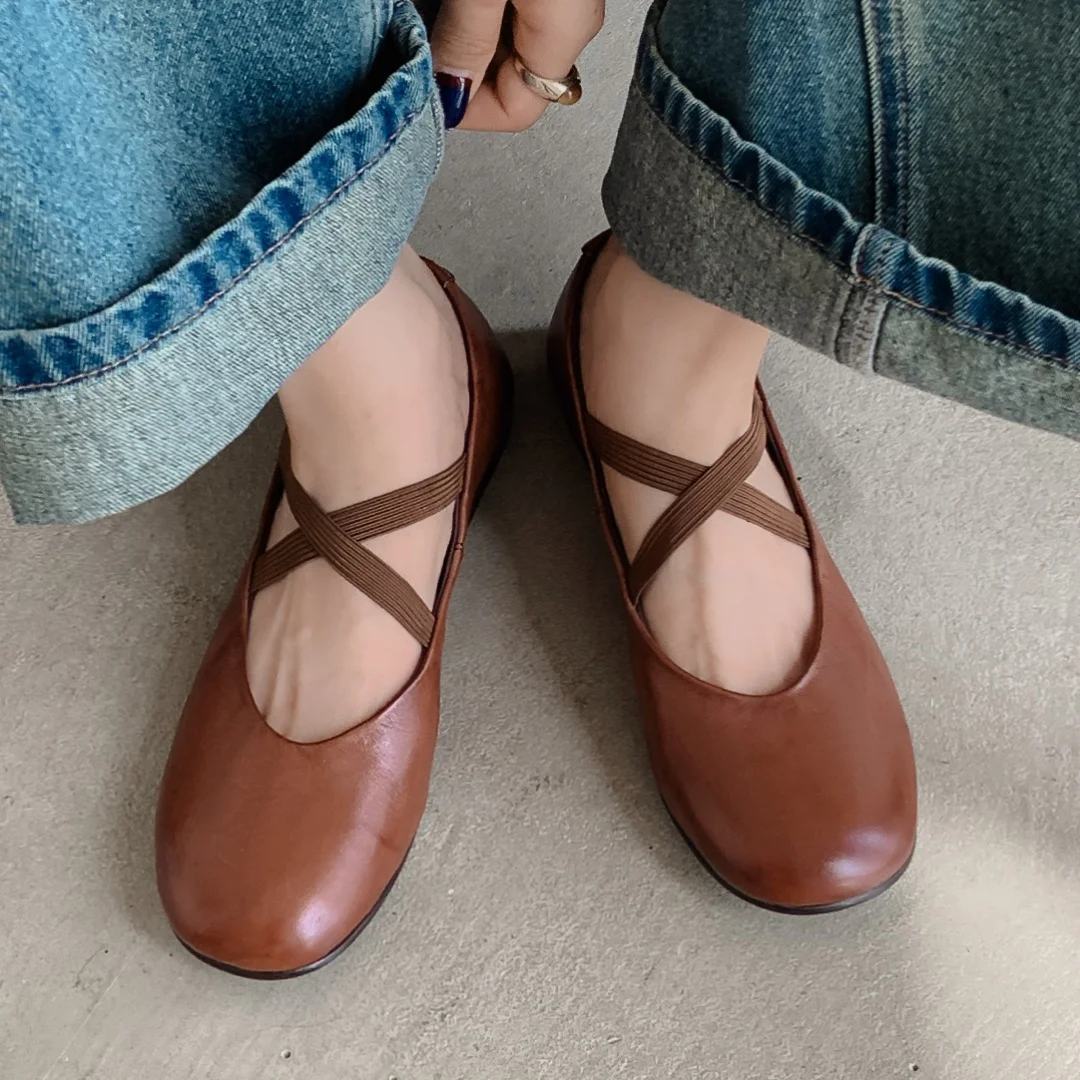 

Женские балетки без шнуровки из коровьей кожи с круглым носком и эластичной лентой, высококачественные мягкие удобные эспадрильи, распродажа обуви