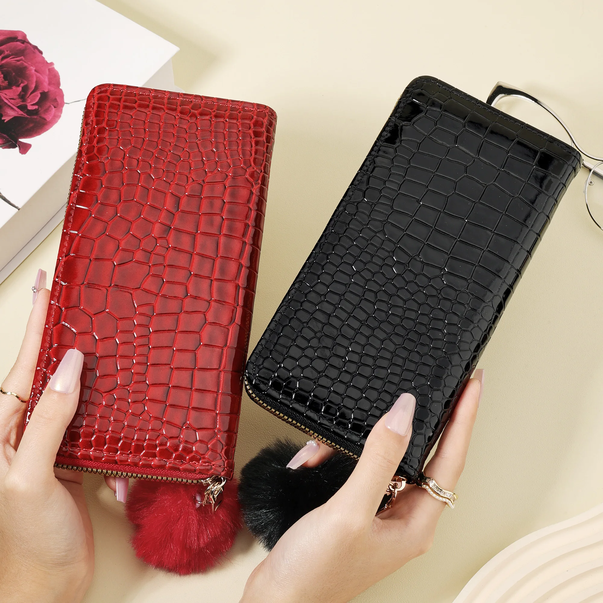 Fashion Lady Long Purse Solid Color Hair Ball Wallet Women's Long Card Wallets