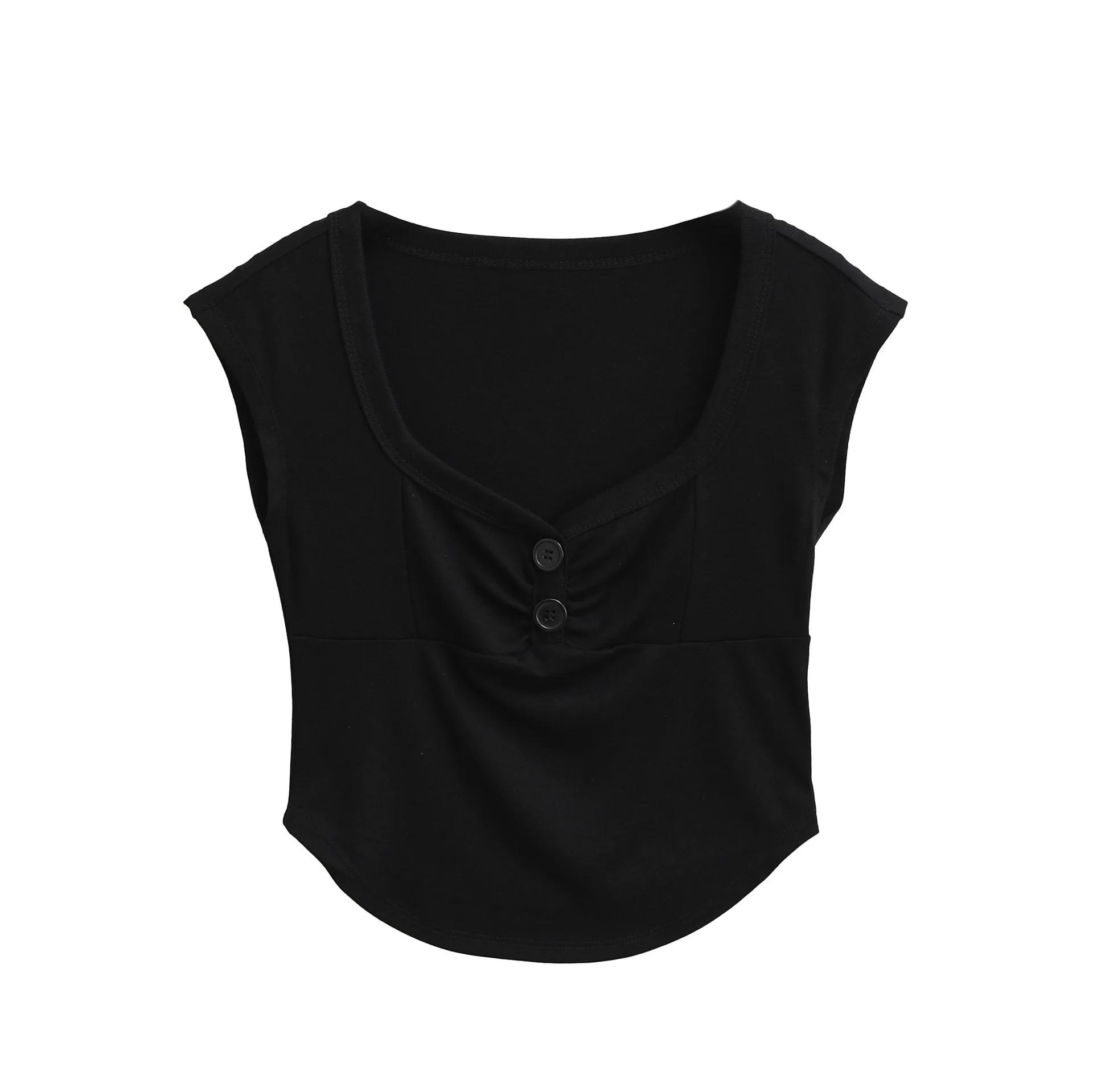 Purely alluring large-neck ruched bust-enhancing short-sleeve top  summer new model curved short high-waisted small V-neck C0
