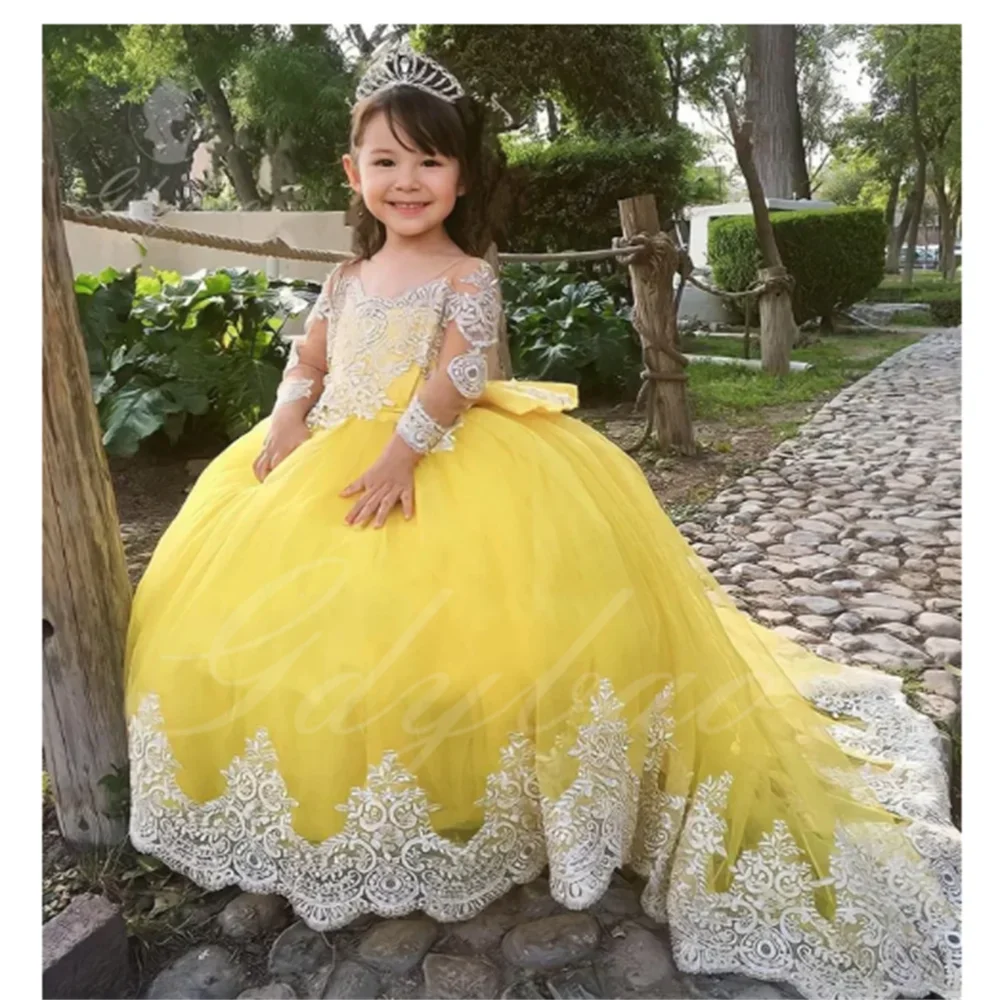 Yellow Long Trains Fluffy Flower Girl Dress For Wedding  White lace appliqués With Bow Eucharistic Birthday Party Dresses