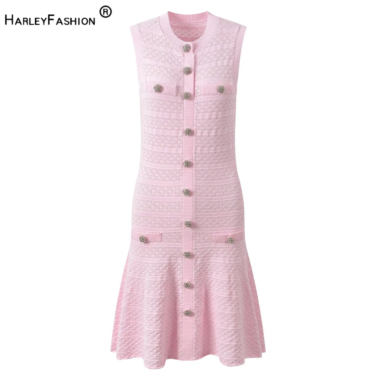 

2026 Elegant Style Lady Summer New Arrival O-neck Rhinestone Buttons Sleeveless Solid Knits Mermaid Mini Dress