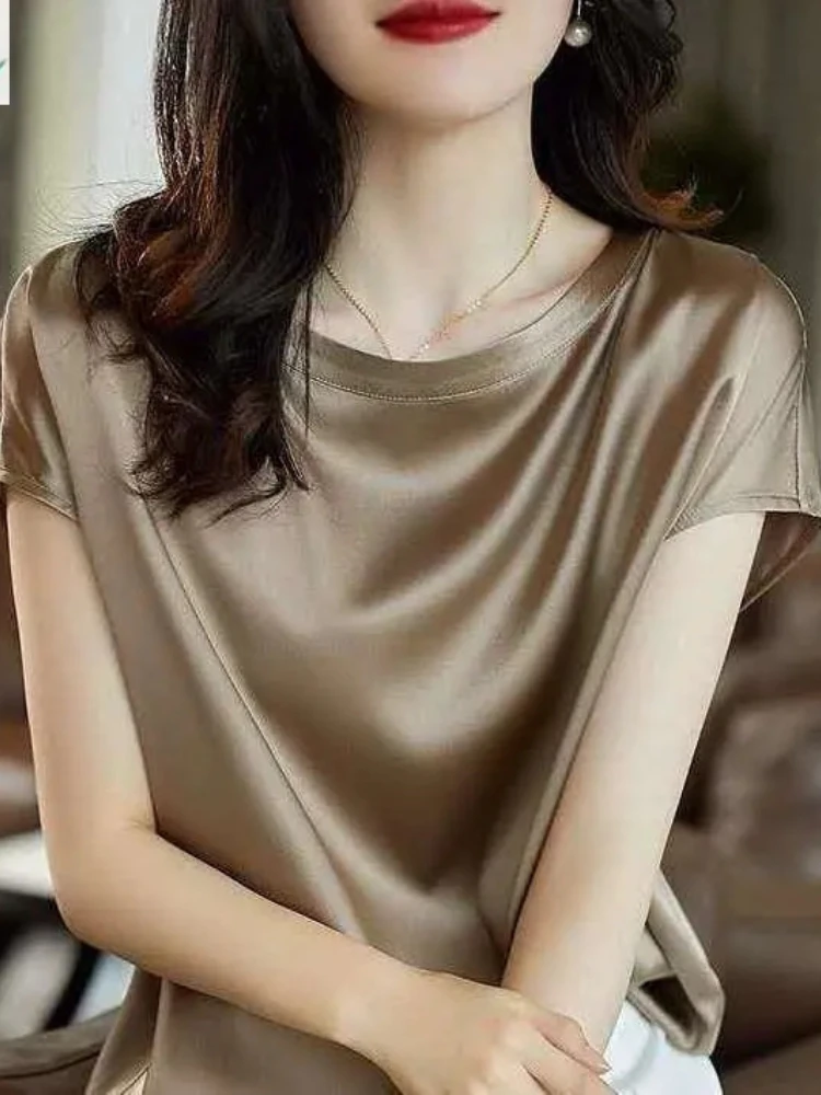Summer Women High Quality Short Sleeve Silk Satin Blouse Elegant Office Lady Tops Shirts Casual Solid Color Work Female Tunic